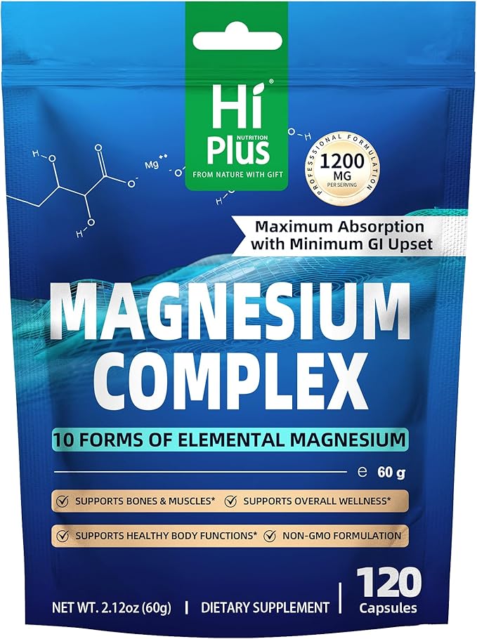 Magnesium Complex Supplement with 10 Forms of Elemental Magnesium 1200 mg per Serving Magnesium Glycinate Citrate Malate &amp Taurate High Absorption Vegan Capsules Non-GMO
