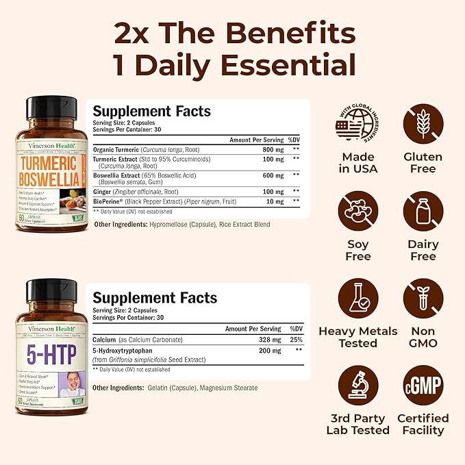 Boswellia Turmeric Curcumin Supplement + 5HTP Sleep Supplement Bundle – Joint Health Support Sleep Aid &amp Occasional Stress Support – with Ginger Root Organic Turmeric Powder 5 HTP &amp Calcium