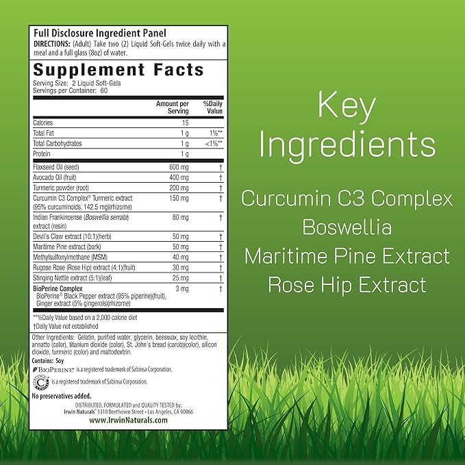 Irwin Naturals Whole-Body Turmeric + Curcumin C3 Complex - 120 Liquid Soft-Gels - with Boswellia Maritime Pine Bark MSM &amp Rose Hip