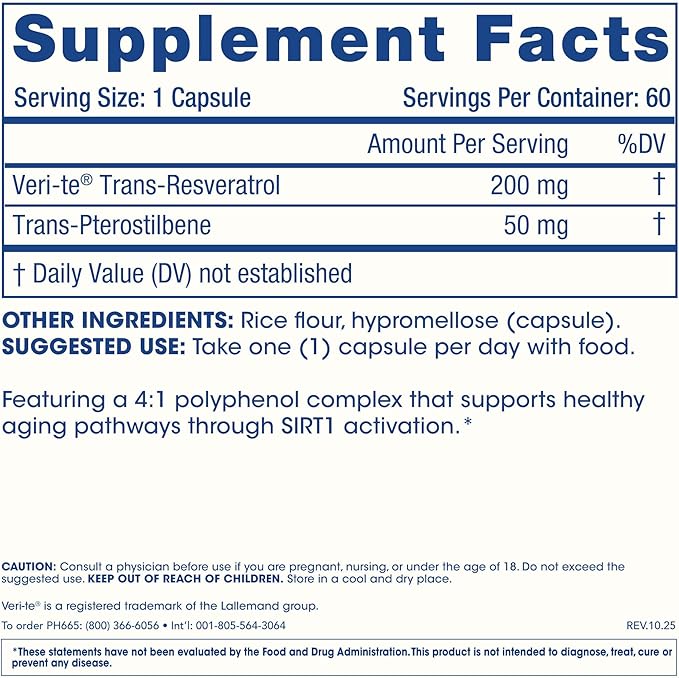 ProHealth Sirtuin 1 Activator | 60 Capsules | Resveratrol Combined with Pterostilbene Activates SIRT1 for Longevity &amp Cellular Support | Triple Lab-Tested GMP-Manufactured in USA