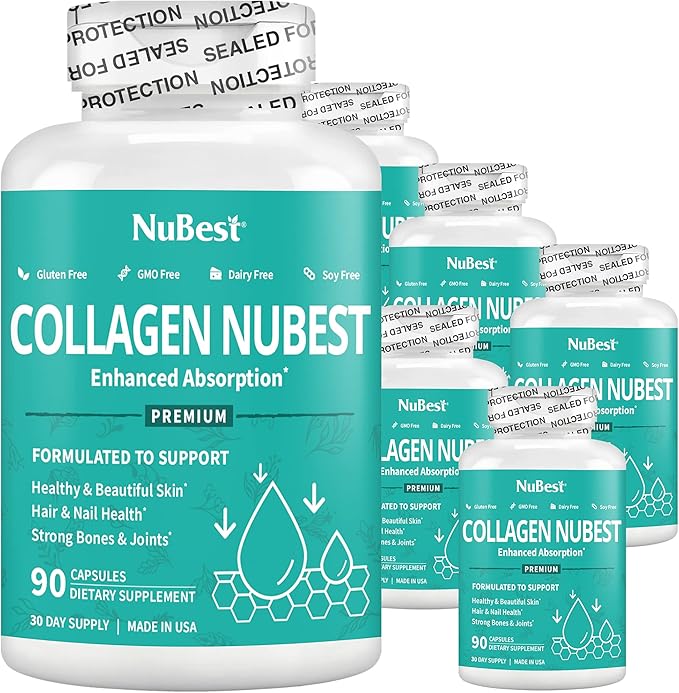 NuBest Collagen Collagen Peptides - Collagen Pills for Adults for Hair Growth Strong Nails Skin Health - Premium Collagen for Hair Vitamin for Nails - 1500 mg Collagen Per Serving - 6 Pack
