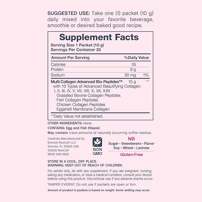 NeoCell Multi Collagen Powder | 20 Stick Packs | Unflavored and Mixes Easily | 10 Types of Advanced Collagen Bio-Peptides | Superior Absorption