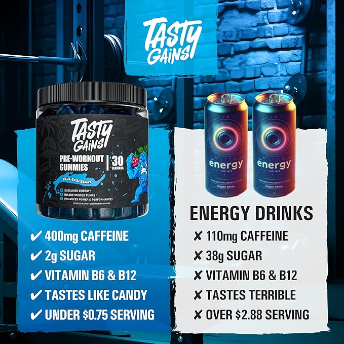 TASTY GAINS - Pre-Workout Gummies – Energy &amp Focus Boost Caffeine Gummies for Men &amp Women 200mg of Caffeine Fat-Burning Preworkout for Strength &amp Endurance (60 Pineapple Mango)