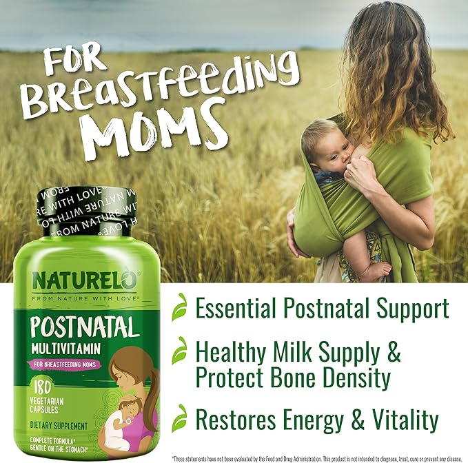 NATURELO Postnatal Multivitamin - Supplement for Breastfeeding Women - Plant-Based Vitamin D Folate Gentle Iron - for Nursing Mother Baby - Post Natal Lactation Support 180 Capsules