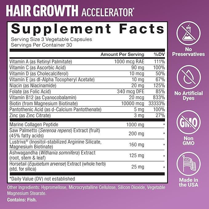 Force Factor Hair Growth Accelerator Multivitamin for Women &amp Men with Lustriva Biotin Horsetail &amp Vitamins A B12 C D &amp E for Thicker Hair Healthier Skin &amp Nails + Pumpkin Seed