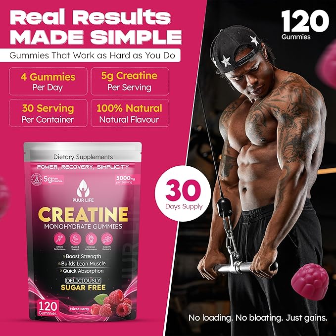 Creatine Monohydrate Gummies 5000mg – 5g per Serving – Sugar Free Vegan Creatine Supplement for Men &amp Women – Muscle Growth Strength Recovery &amp Energy – 120 Count Mixed Berry Flavor