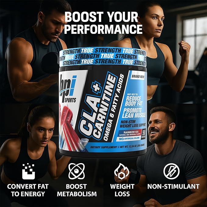 BPI Sports CLA+Carnitine – CLA L Carnitine &amp Linoleic Acid – L Carnitine Supplement for Weight Loss Metabolism &amp Lean Muscle – Caffeine Free – Rainbow Ice – 50 Servings – 12.34 oz