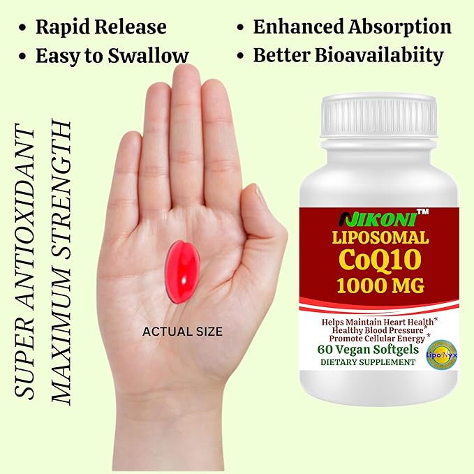 Nikoni Liposomal CoQ10 1000mg Vegan Softgel Higher Absorption Supports Heart Brain &amp Energy One Vegan Softgel/Serving 60 Days Supply