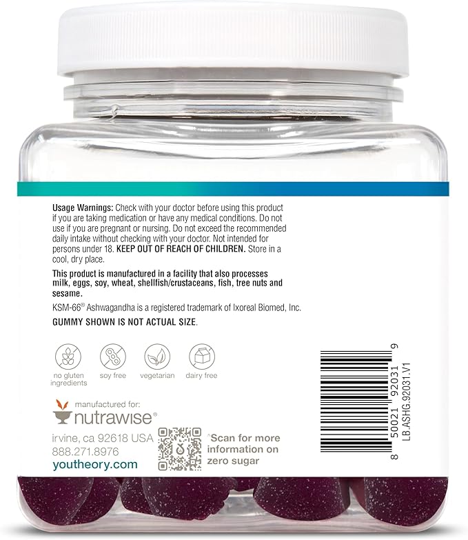 Youtheory Ashwagandha - Vegetarian Energy &amp Stress Support Supplement with Organic KSM-66 &amp Ginger Extract - Zero Sugar - Blueberry 60 Gummies Pack of 2 (60-Day Supply)