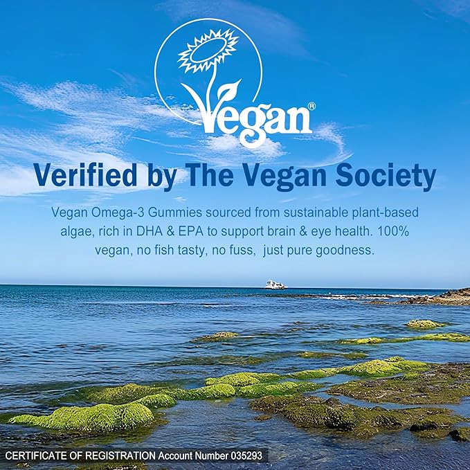 Vegan Omega-3 Gummies 1280mg + COQ10+ Vitamin D3 K2 (MK7) Omega 3 Fish Oil Alternative for Adults w/EPA 600mg &amp DHA 400mg &amp MCT Oil No Fish Taste from Marine Algae for Brain Eye Immunity