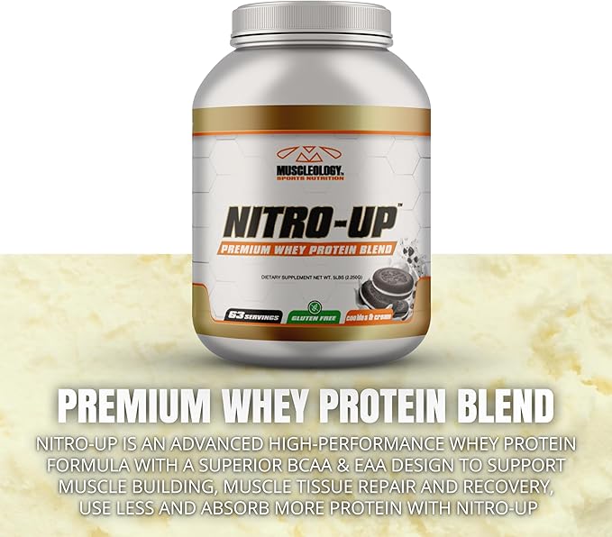 MUSCLEOLOGY Nitro-Up Whey Protein Blend Powder – Vanilla – 5lb | BCAAs EAAs &amp Digestive Enzymes
