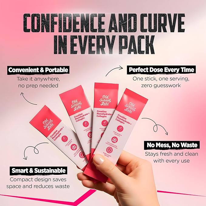 Old School Labs Creatine Stick Packs for Women | 5000mg Creatine Monohydrate 2000mg Collagen &amp BCAA 2:1:1 for Lean Muscle Booty Growth &amp Recovery | No Bloat Workout Supplement 30 Travel Pac