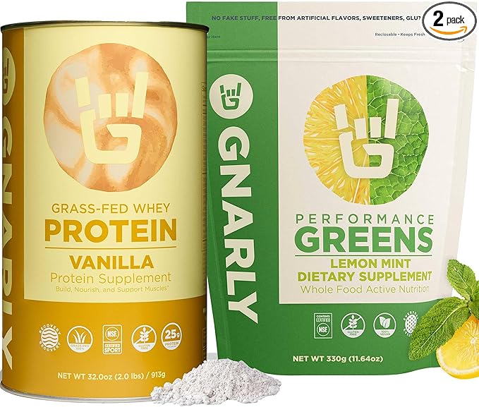 Gnarly Nutrition Performance Greens Lemon Mint (11.64 oz) and Gnarly Whey Grass-Fed Protein Supplement Vanilla (32.0oz)
