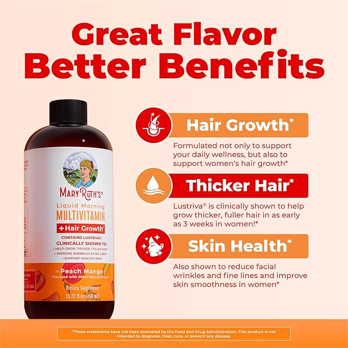 MARYRUTH'S Liquid Multivitamin+Hair Growth | Biotin 10000mcg | Lustriva Hair Growth Supplement | Clinically Tested in Women for Thicker Hair&ampFacial Wrinkle | Skin Care | Ages 18+ | 15.22 Fl Oz