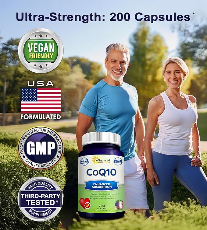 aSquared Nutrition CoQ10 (400mg Max Strength 200 Capsules) - High Absorption Vegan Coenzyme Q10 Powder - Ubiquinone Supplement Pills Extra Antioxidant CO Q-10 Enzyme Vitamin Tablets Coq 10 400 mg