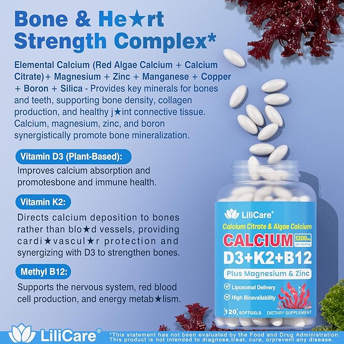 Calcium 1200 mg with Vitamin D3 K2 5000 IU Softgels Supplement for Women Men - Liposomal Calcium Citrate &amp Algae Calcium Magnesium Zinc + D3 K2 B12 Plant-Based Vegan Vitamin D Boron for Bone120
