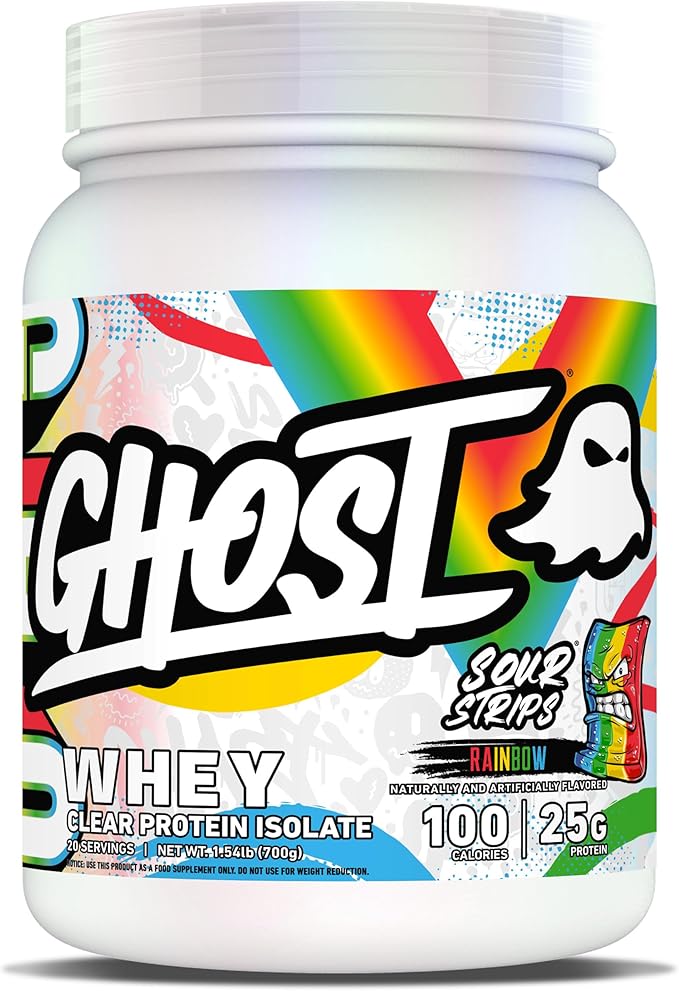 GHOST Clear Whey Isolate Protein Powder Sour Strips - 1.54 LB Tub 25G of Whey Protein - Post Workout Drink for Muscle Gain &amp Recovery – Sugar Free Soy Free &amp Zero Fat 20 Servings