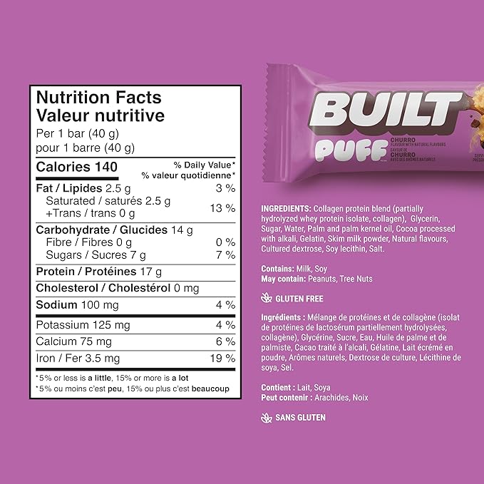 BUILT Bar Puff Protein Bars - Churro - 17g Protein Snack Bars with Collagen - Calorie Conscious &amp Gluten Free - 12 Count