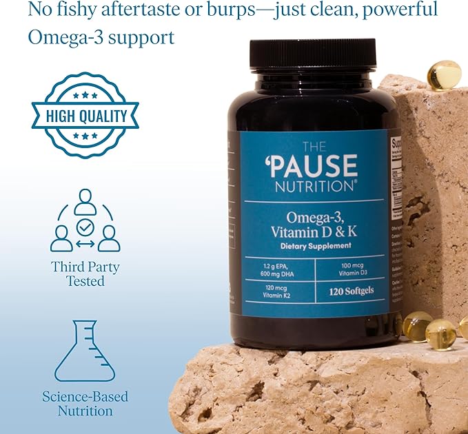 The 'Pause Life Omega 3 Vitamin D &amp K2 Gluten Free Supplement Fish Oil and Vitamin Formula Immune Support Daily Wellness Routine Natural Ingredients Dairy Free Unflavored 120 Softgels