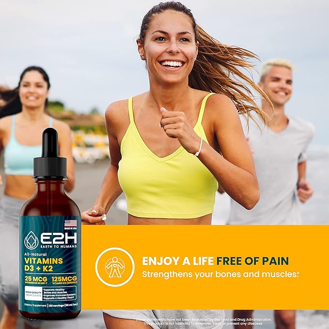 E2H Vitamins D3 &amp K2 Supplement for Immune Support - Liquid Vitamin D3 5000 IU - Made in The USA - Non-GMO Vegan - 120 Servings
