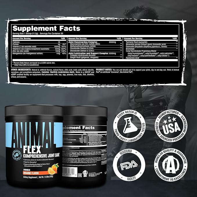 Animal Flex Powder - Joint Support Supplement for Pain Relief Repair and Restore Muscles with Turmeric Glucosamine Chondroitin MSM Collagen and Boswellia Great Tasting Orange Flavor 30 Scoops