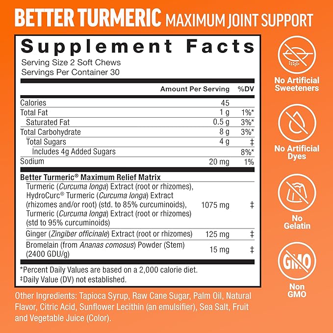 Force Factor Better Turmeric Maximum Joint Support 1075mg Curcumin + Smarter Greens Superfood Greens and Superfoods 120 Soft Chews
