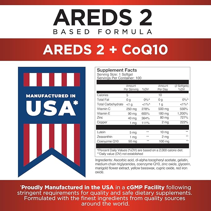 Viteyes AREDS 2 + CoQ10 Macular Support CoQ10 Vitamin E Vitamin C Lutein Zeaxanthin Zinc Copper Heart Health Eye Doctor Trusted Manufactured in The USA 100 Ct
