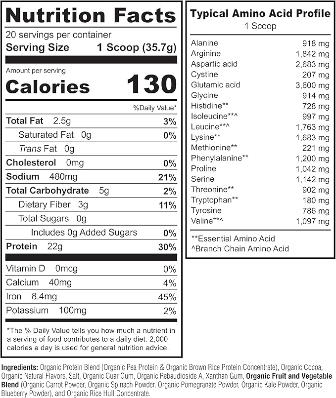 NATURELO Plant Protein Powder Chocolate 22g Protein - Non-GMO Vegan No Gluten Dairy or Soy - No Artificial Flavors Synthetic Coloring Preservatives or Additives - 20 Servings