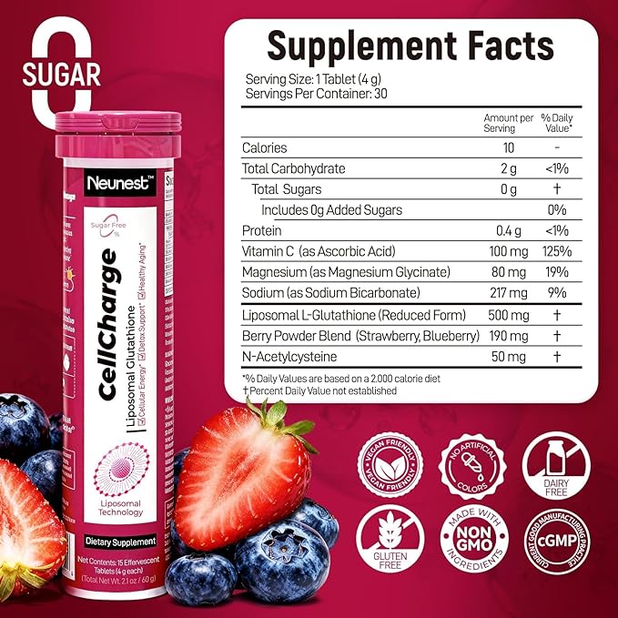 Liposomal Glutathione 500mg with NAC 2 Pack 30 Count Sugar Free High Absorption Magnesium&ampVitaminC Supplement-Effervescent Tablet Antioxidant Detox Healthy Aging&ampCognitive Gluten Free Berry