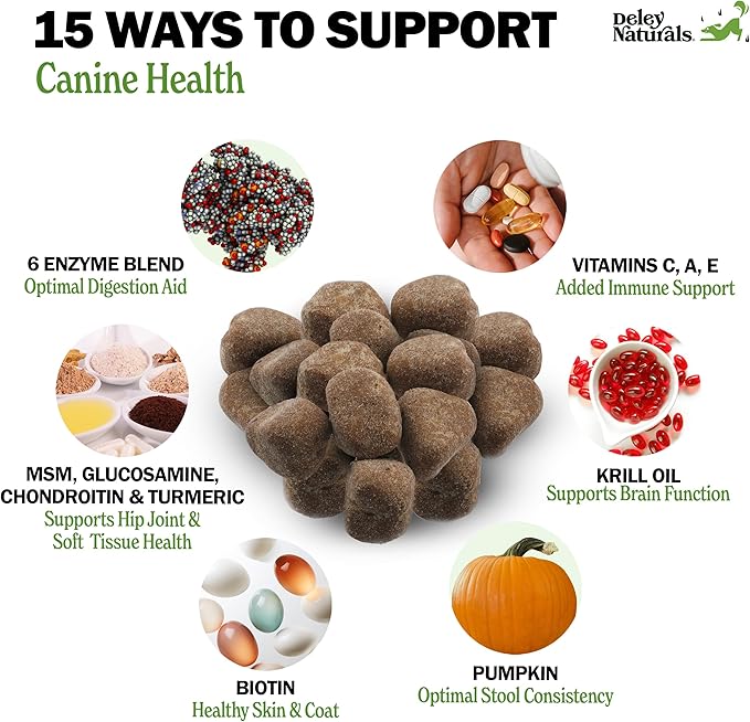 Deley Naturals 15 in 1 Multivitamin for Dogs - Complete Dog Vitamins and Supplements for Immune Support Joint Skin Digestion Heart &amp Overall Health - Daily Multifunction Supplements - 120 Chew