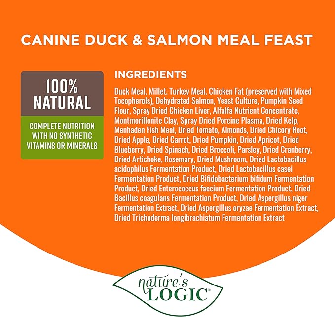 NATURE'S LOGIC Dry Dog Food - 100% Natural - No Synthetics - for All Ages Sizes Breeds - Free from Common Allergens High Protein - Duck &amp Salmon Meal Feast 25lbs