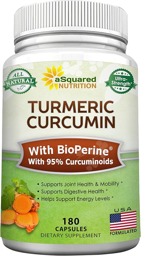 aSquared Nutrition Turmeric Curcumin 1600mg with BioPerine Black Pepper Extract - 180 Capsules with 95% Curcuminoids 100% Natural Tumeric Root Powder Supplements Natural Joint Stiffness Relief Pills