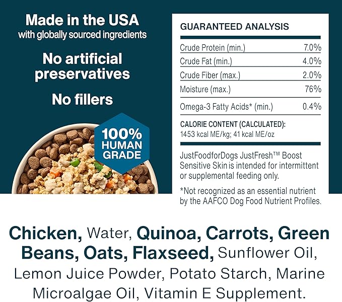 JustFoodForDogs JustFresh Boost Sensitive Skin Dog Food Topper for Immune Support and Healthy Coat Human-Grade Fresh Pet Meal Booster 8 oz Pouches - 8 Pack
