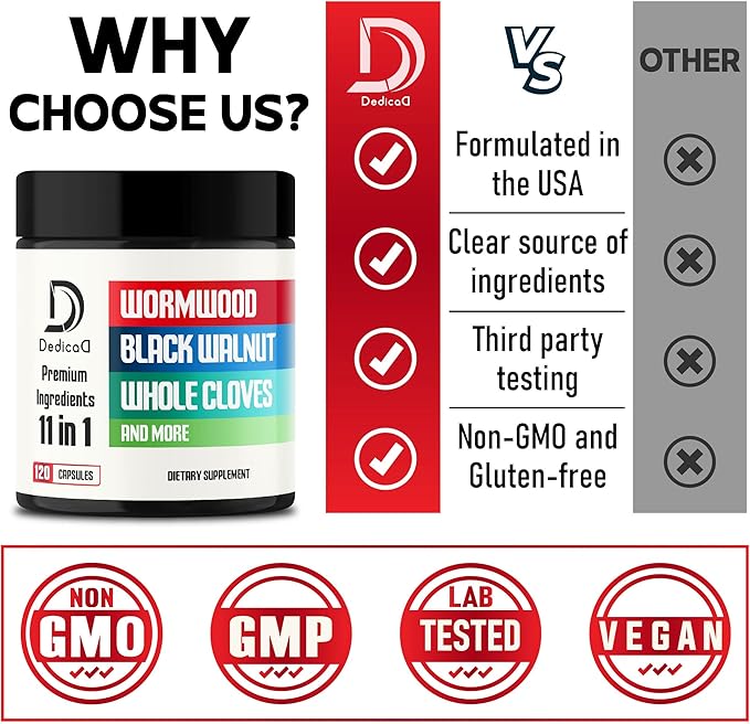 Wormwood Supplement - 120 Capsules Extracted from Black Walnut Cloves Turmeric Apple Berberine HCl &amp More - 11 Ingredients Combined for Immune System - 2-Month Supply