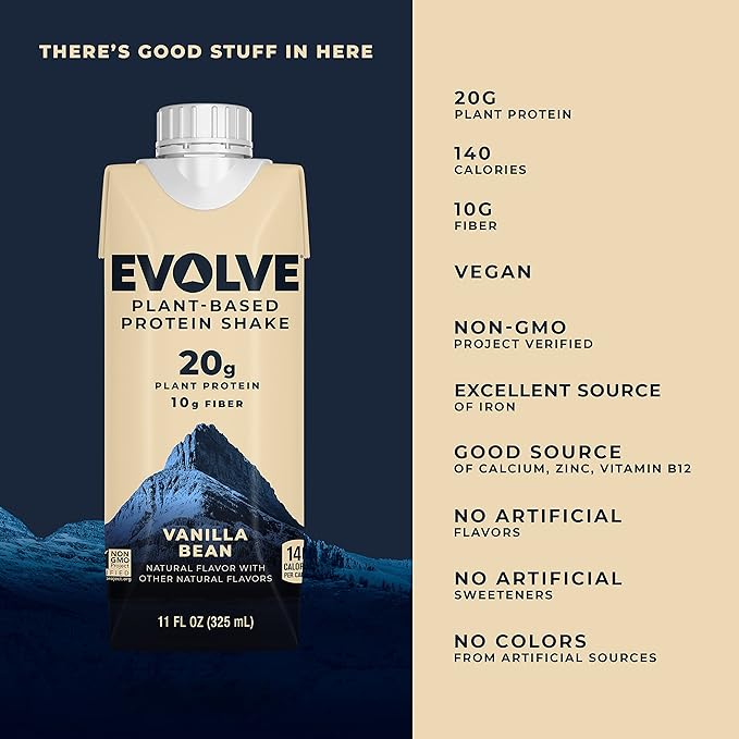 Evolve Plant Based Protein Shake Vanilla Bean 20g Vegan Protein Dairy Free No Artificial Sweeteners Non-GMO 10g Fiber 11 Fl Oz (Pack of 12) (Formula May Vary)
