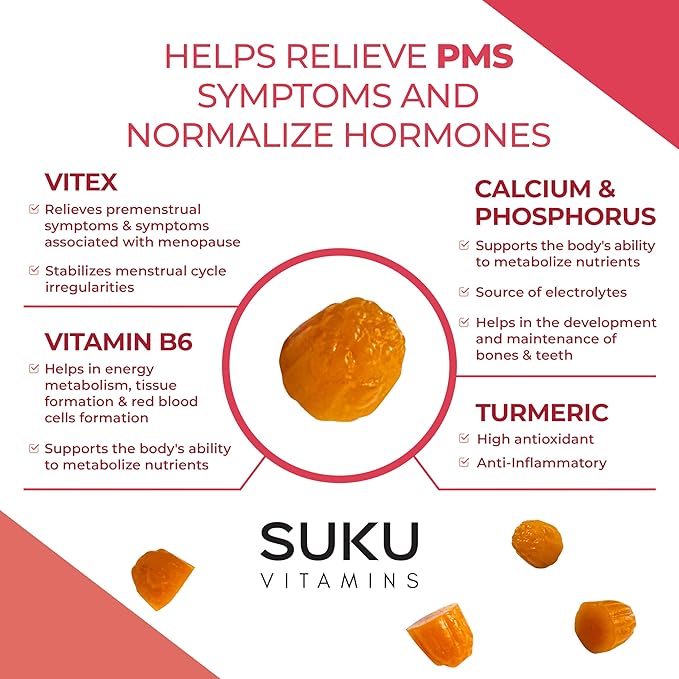 SUKU Vitamins - PMS Gummy Supplement with Chasteberry to Relieve PMS and Menopause Peach Mango Gummies (50 Count)
