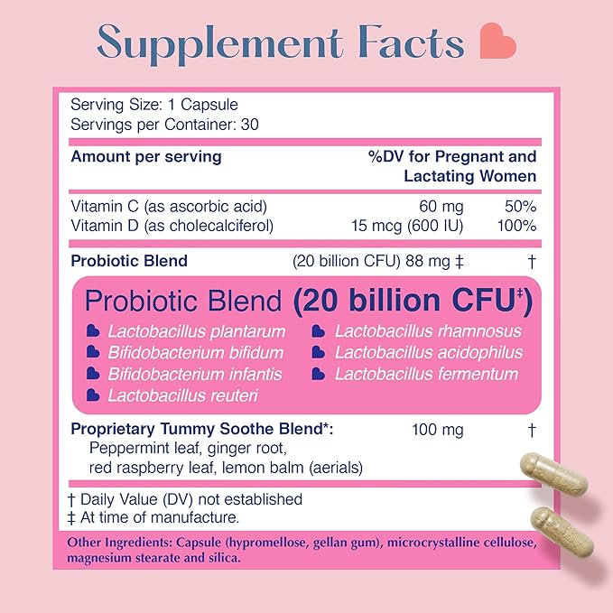 LOVEBUG Prenatal Probiotic Supplement - 7 Probiotics &amp Prenatal Vitamins for Women 20 Billion CFU with Soothing Peppermint Ginger Raspberry Leaf and Lemon Balm. 30 Capsules