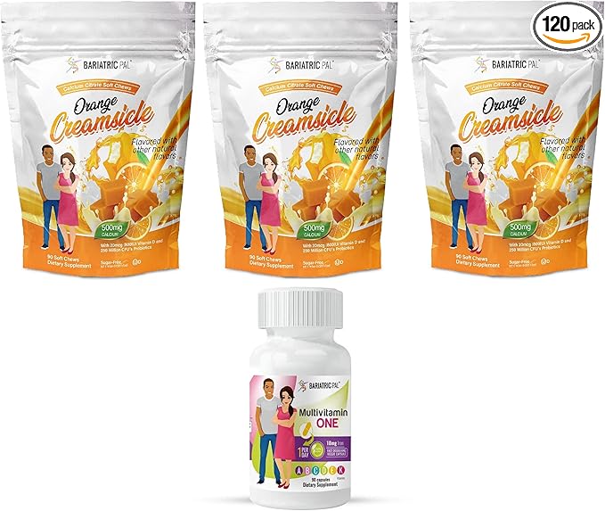 BariatricPal 90-Day Bariatric Vitamin Bundle (Multivitamin ONE 1 per Day! Capsule with 18mg Iron and Calcium Citrate Soft Chews 500mg with Probiotics - Orange Creamsicle)