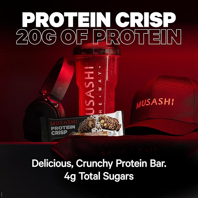 MUSASHI Protein Crisp Bar 20g Protein 4g Total Sugars Chocolate &amp Peanut Post Workout and Snack On The Go 12 Pack of 2.1oz (60g) Bars