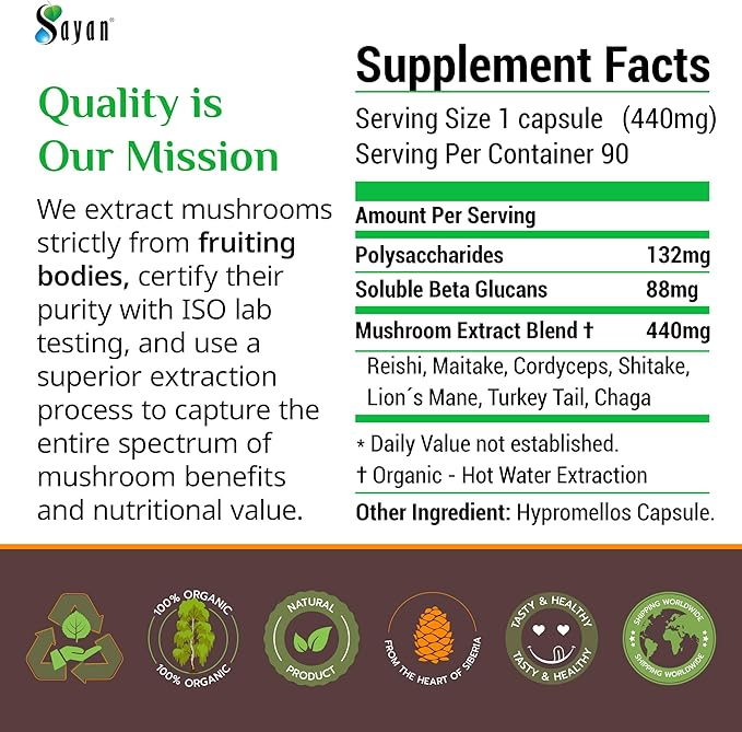 Sayan 7 Mushroom Extract 90 Capsules/440mg ea – Immune Support &amp Energy – Organic Chaga Reishi Lion's Mane Maitake Shiitake Turkey Tail Adaptogen Blend – Vegan Non-GMO No Fillers or Additiv