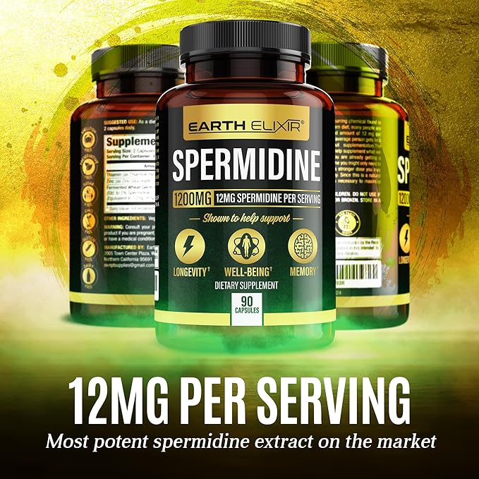 Earth Elixir Spermidine Supplements 1200mg (90 Capsules) – Anti Aging - 3rd Party Tested (12mg Spermidine Powder) Max Purity - 100% Pure Espermidina- Fermented Wheat Germ Extract - NMN Alternative