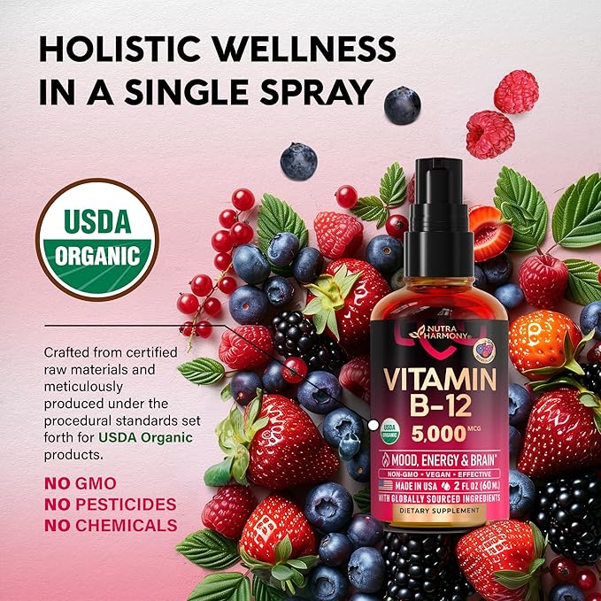 USDA Organic Vitamin B12 Sublingual Spray - 5000 mcg Liquid Vegan Methylcobalamin for Women &amp Men - Energy Boost Focus &amp Mood Brain Health Support - Maximize Absorption - 2 Month Supply 2 f
