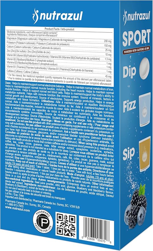 nutrazul Sports Effervescent Tablets Electrolytes &amp 7 Vitamins &amp Minerals Daily Hydration and Energy 45mg Caffeine Blueberry &amp BlackBerry Flavor 30 Count