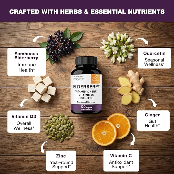 Elderberry Vitamin C and Zinc Capsules for Adults | 240 Count with Quercetin &amp Vitamin D3 | 6-in-1 Immune Support Supplement Pills | Sambucus Black Elderberry Natural Immunity Vitamins | Made in U