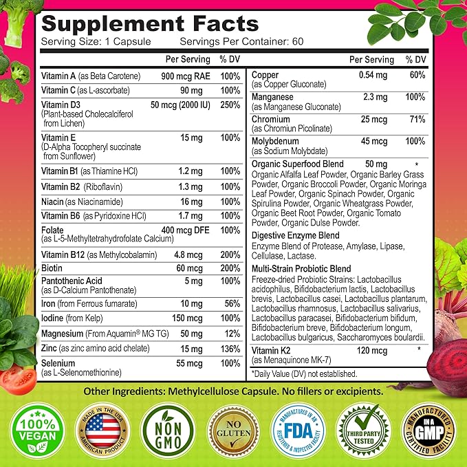 Vegan Multivitamins &amp Calcium Trio–Whole Food Multivitamin with Iron + Women’s Daily Multivitamin with Iron + Plant-Based Calcium Magnesium Zinc D3 K2 &amp Turmeric – Energy Bone &amp Immun