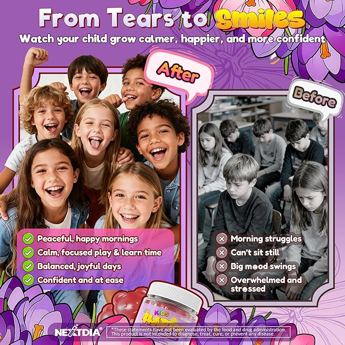 Happy Saffron Gummies for Kids Teen Organic Saffron + Magnesium Glycinate Supplement with Probiotics L-Theanine Chamomile D3 B6 B12 for Children's Focus &amp Mood Calm Sleep Sugar Free 120