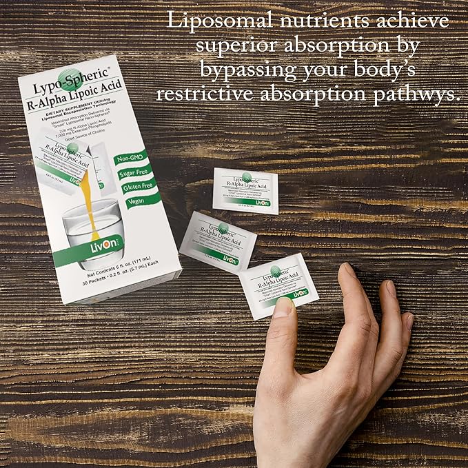 LivOn Laboratories Lypo–Spheric R–Alpha Lipoic Acid - 30 Packets – 226 mg R-ALA Per Packet - Liposome Encapsulated for Improved Absorption - 2 Pack