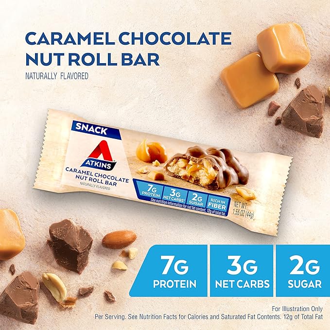 Atkins Energy Shake Creamy Caramel with Protein Gluten Free 4 Count(Pack of 3) and Caramel Chocolate Nut Roll Snack Bar High in Fiber 2g Sugar 16 Count
