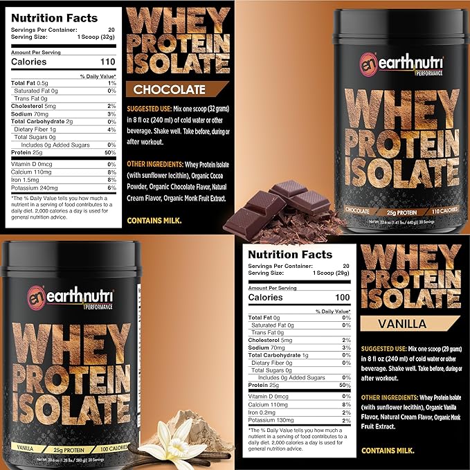 EarthNutri Whey Isolate Protein Powder Bundle – Pure Whey Isolate for Strength &amp Performance – Post Workout with 25g Protein per Serving – Non-GMO Gluten-Free – Vanilla &amp Chocolate – 20 Servi