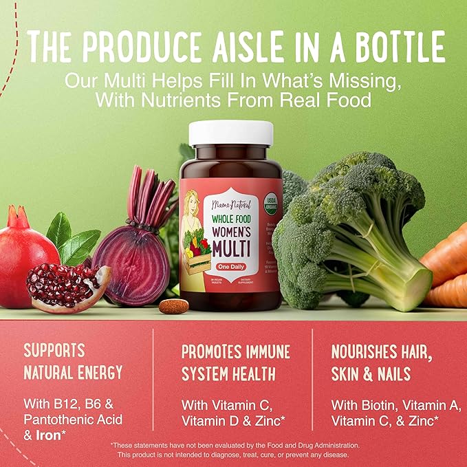 Mama Natural Organic Women's Multivitamin – Whole Food Based 1 A Day Vegan Tablet – USDA Organic Non-GMO Clean Label Multivitamin for Women – 30 Day Supply with Iron &amp Methylated B12